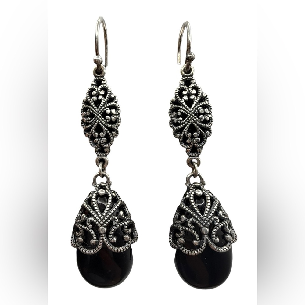 Vintage Long Dangle Sterling Silver Filigree Earrrings with Black Onyx Stones